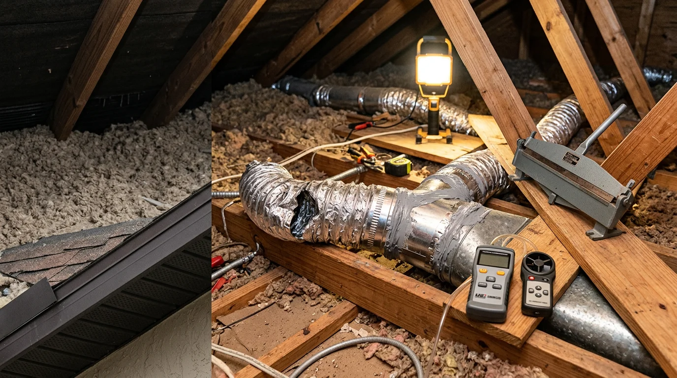 A technician from Orange State AC LLC repairing a disconnected flexible duct run in a Homestead residential attic. The image shows exposed ductwork with a repaired joint being sealed in a hot South Florida attic space.