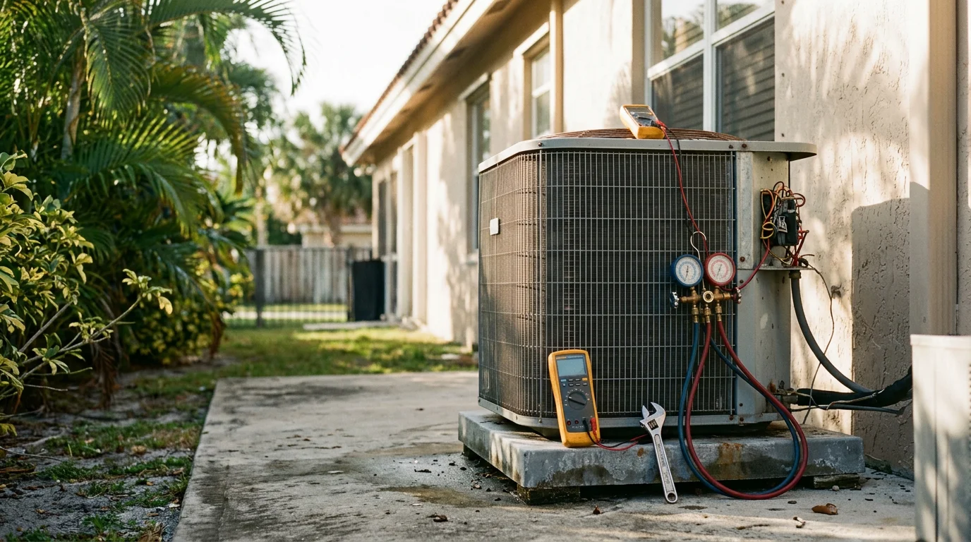 An Orange State AC LLC technician inspecting a residential outdoor AC condenser unit in Homestead, Florida during an emergency service call. The unit is located beside a single-family home under a clear South Florida sky.