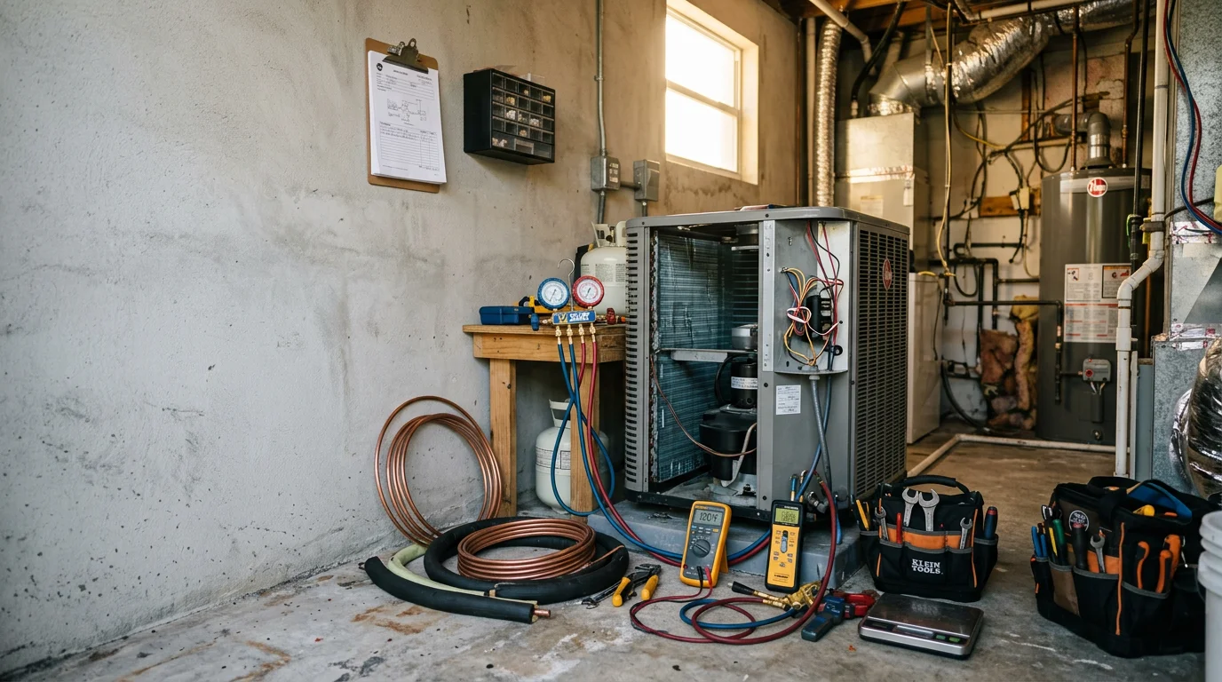 An Orange State AC LLC technician inspecting a large commercial mechanical system unit on a rooftop in Homestead, Florida. The technician is reviewing internal components with diagnostic equipment in a South Florida commercial property setting.