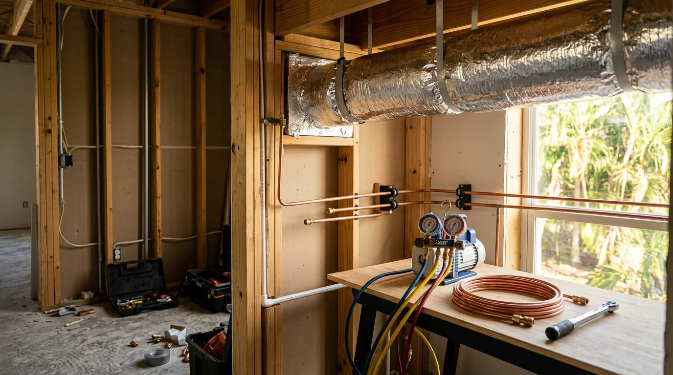 A residential mechanical installation in progress at a Homestead, Florida home, showing ductwork and mechanical system components being fitted in a residential setting. The work reflects the full-scope approach of a mechanical contractor serving South Florida.